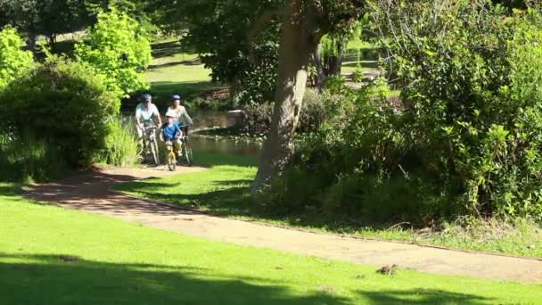 Sonriente familia montar en bicicleta juntos — Vídeo de stock