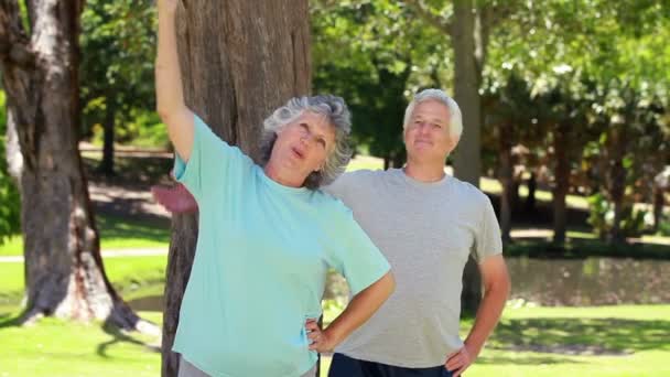 Зрелая пара делает фитнес упражнения — стоковое видео