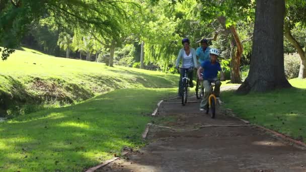 Happy family riding bikes on a pathway — Stock Video