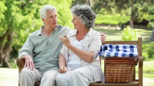 Szczęśliwy starsze siedzi na ławce — Wideo stockowe