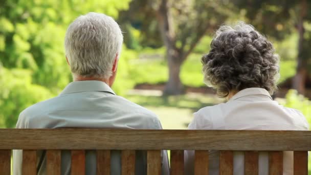 Mature talking while sitting on a bench — Stock Video