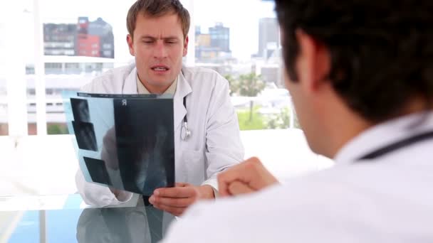 Seriöse Kollegen betrachten sein Röntgenbild — Stockvideo