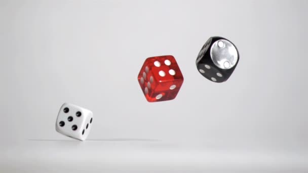 Three white red black dices in a super slow motion rebonding — Stock Video