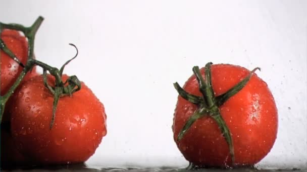 Tomatoes cluster in super slow motion watering by droplets — Stock Video