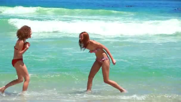 Twee vrouwen spelen op het strand — Stockvideo