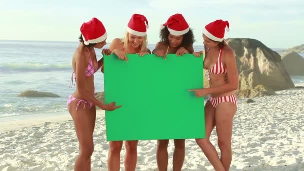 Vier Mädchen mit Weihnachtsmützen am Strand — Stockvideo