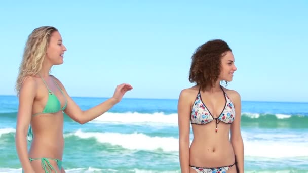 Duas mulheres se encontram na praia — Vídeo de Stock