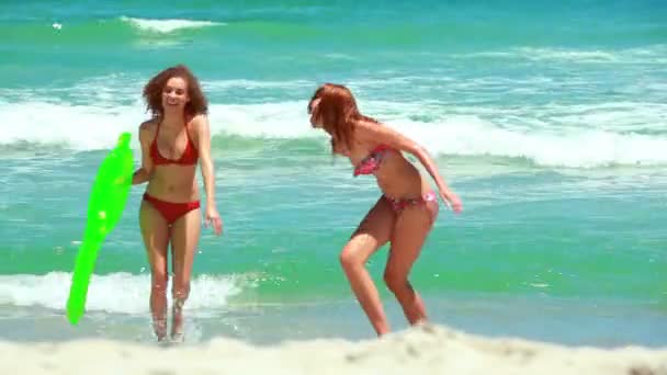 Dos chicas caminando desde el agua en la playa — Vídeo de stock