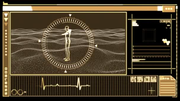 Digitalt gränssnitt visar roterande mänsklig figur — Stockvideo