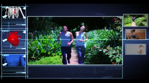 Menu-interface van joggen skelet tonen clips van peopleat de sportschool — Stockvideo