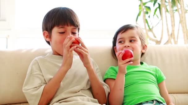 Vreedzame broers en zussen rode appels eten — Stockvideo