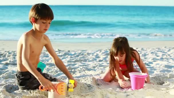 Siblings building sand castles — Stock Video