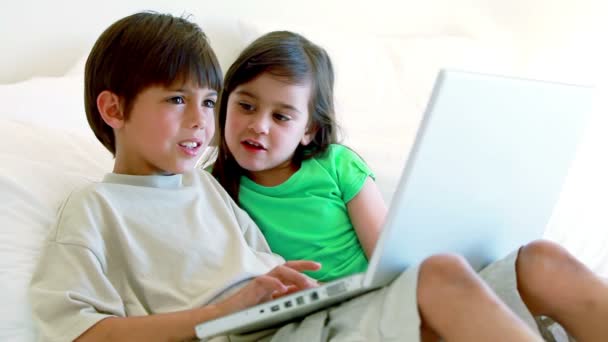 Peaceful siblings using a laptop — Stock Video