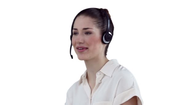 Business talar in ett headset innan kameran — Stockvideo