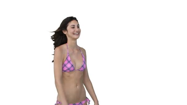 Vrouw spelen beachball met iemand buiten het scherm — Stockvideo