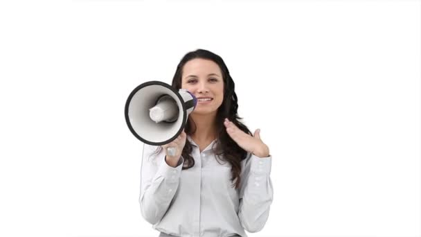 Business woman talking on a megaphone — Stock Video