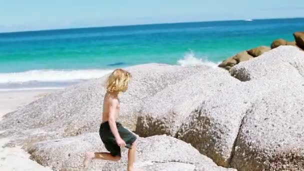 Blonde child playing with a wooden stick — Stock Video