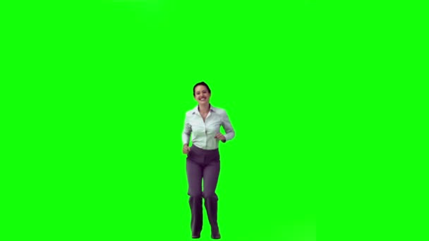 Happy brunette in slow motion raising her arms — Stock Video