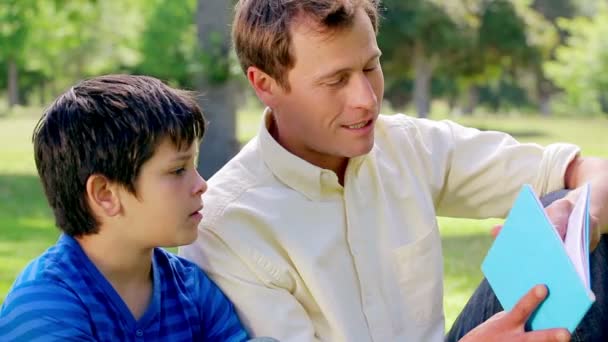 Smiling man reading a book with his son — Stock Video