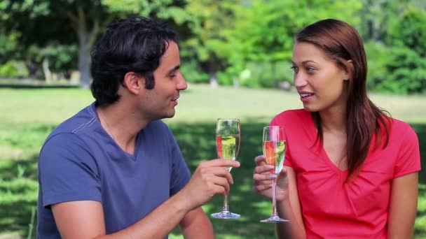 Couple heureux cliquetis leurs verres de vin blanc — Video