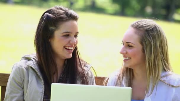 Jovens mulheres felizes usando um laptop — Vídeo de Stock