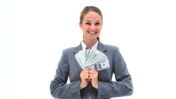 Smiling woman holding a fan of notes — Stock Video