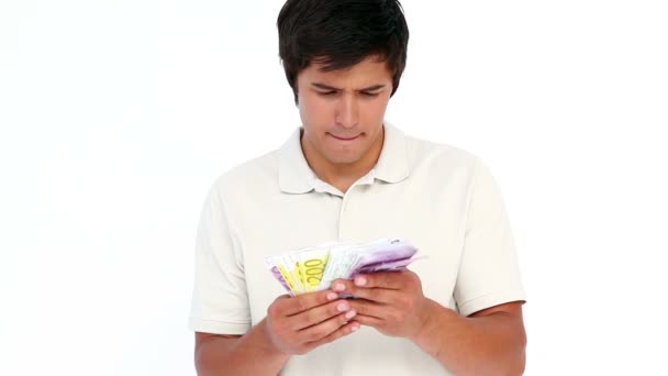 Hombre sosteniendo un paquete de billetes — Vídeo de stock