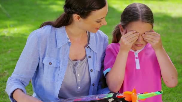 Little girl receiving a kite — Stock Video