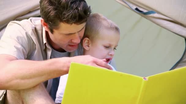 Petit garçon regardant livre d'images avec son père — Video