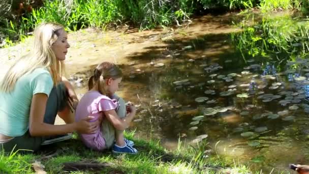 Madre e hija alimentando a un pato — Vídeos de Stock