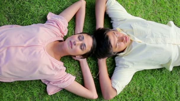 Peaceful couple napping together on the grass — Stock Video