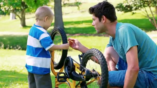 Padre e hijo mirando una bicicleta — Vídeos de Stock