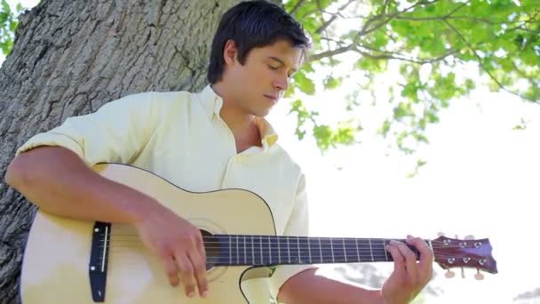 Glimlachende man muziek afspelen met zijn akoestische gitaar — Stockvideo