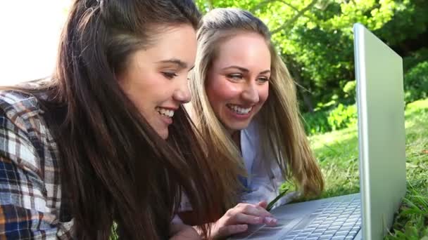 Τους φίλους χαμογελώντας χρησιμοποιώντας ένα φορητό υπολογιστή — Αρχείο Βίντεο