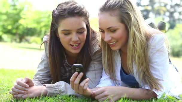 Happy friends looking at a text — Stock Video