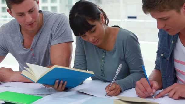 Mujer seria sosteniendo un libro mientras está sentada con amigos — Vídeos de Stock