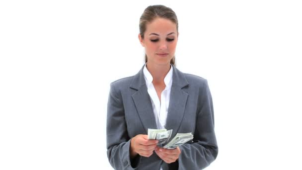 Femme d'affaires comptant les billets en dollars — Video