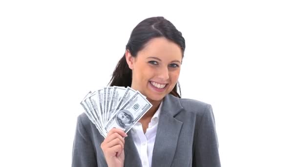 Businesswoman holding American banknotes is smiling — Stock Video