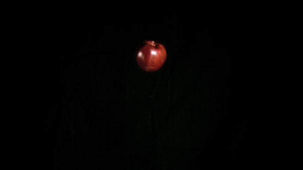Красное яблоко падает в супер замедленной съемке — стоковое видео