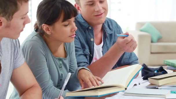 Amigos sonrientes estudiando juntos — Vídeo de stock