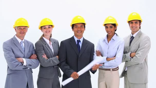 Equipe de negócios vestindo hardhats de pé lado a lado — Vídeo de Stock