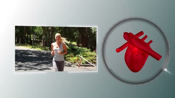 Video di una donna che fa jogging con un'animazione cardiaca — Video Stock