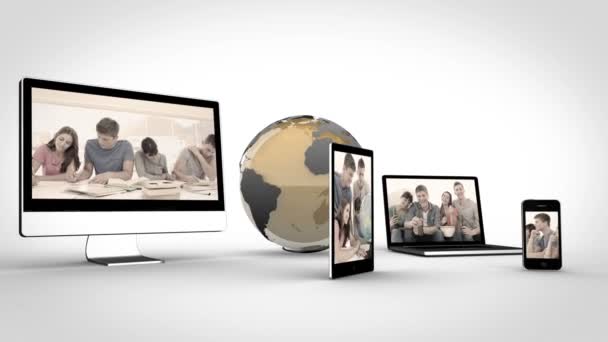 Studenti videa na zařízeních s obrazem země s laskavým svolením nasa.org — Stock video