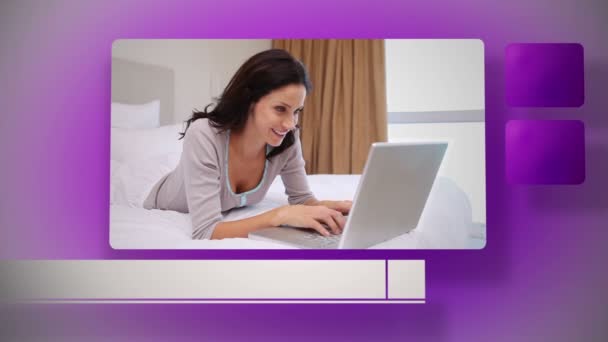 여자는 그들의 침대에 자신의 노트북을 사용 하 여 — 비디오