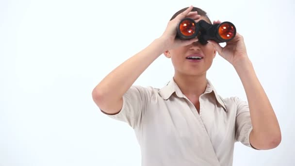 Elegant woman holding binoculars — Stock Video