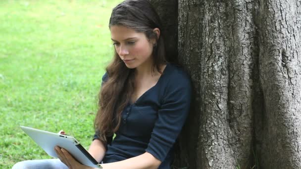 Kobieta przy użyciu komputera typu tablet w parku — Wideo stockowe