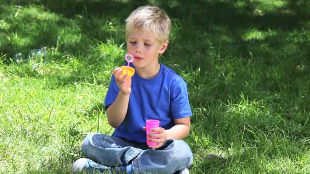 Menino brincando com bolhas em um parque — Vídeo de Stock