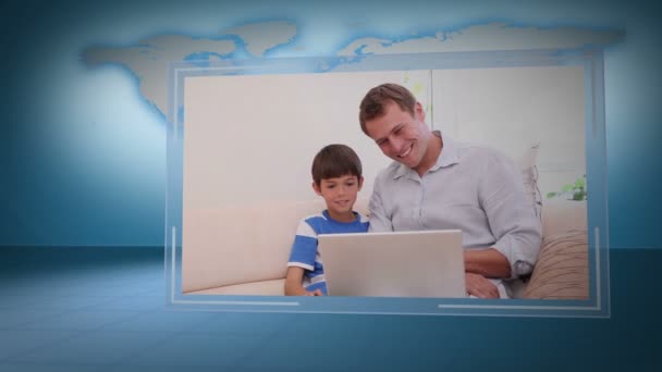 Video der Familie auf der Suche nach einem Laptop mit Erdbild von nasa.org — Stockvideo