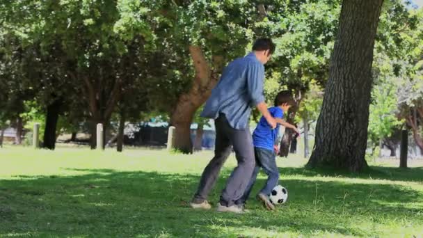 Zoon en vader voetballen in een park — Stockvideo