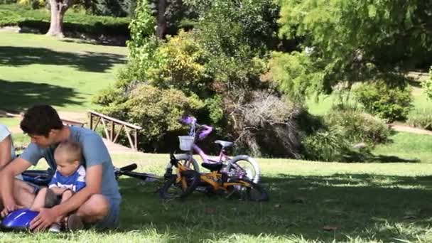 Family sitting in a park — Stock Video